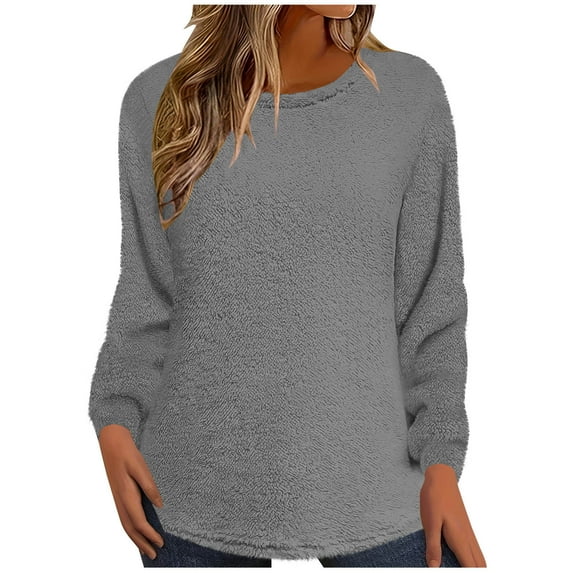 Maplenight Women's Fuzzy Sherpa Sweaters Casual Long Sleeve Crew Neck Pullover Tops Solid Warm Loose Fall Fashion Outfit
