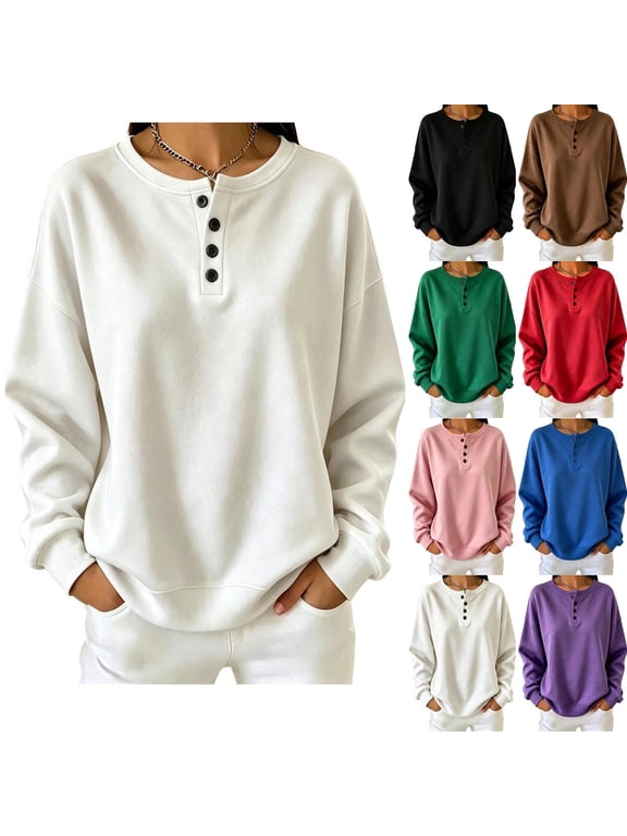 Women's Henley Sweatshirt Long Sleeve Casual Pullover Loose Fit Sweatshirts Tops with Pockets