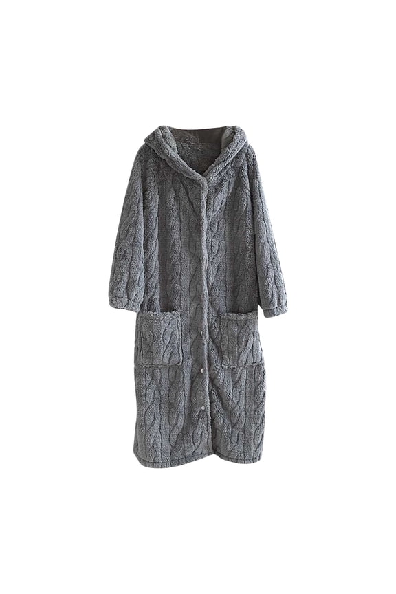 Women's Hooded Robe Soft Warm Long Sleeve Button Down Housecoat Plush Fuzzy Fleece Bathrobes with Pockets