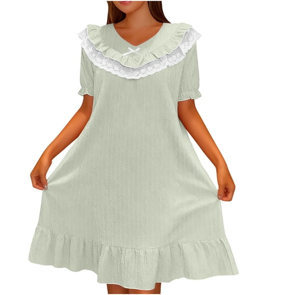 Maplenight Women’s Nightgown Short Sleeve V-Neck Sleepshirt Lace Trim Nightshirt Sleepwear Cute Pajamas Dress Loungewear