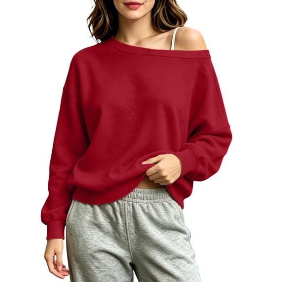 Maplenight Women's One Shoulder Sweatshirt Fleece Lined Long Sleeve Pullover Tops Fall Winter Thermal Casual Sweatshirts