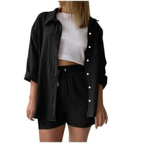 Maplenight Women's Outfits Lapel 3/4 Sleeve Button Down Shirts and Drawstring Shorts 2 Piece Sets Casual Lounge Travel Vacation Outfits for Women