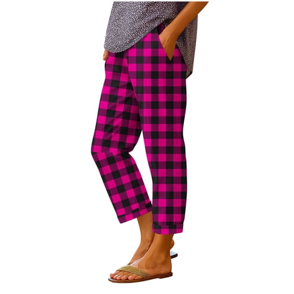 Maplenight Women's Plaid Capri Pants Casual Elastic Waist Cropped Pants with Pockets Relaxed Fit Summer Lounge Capris