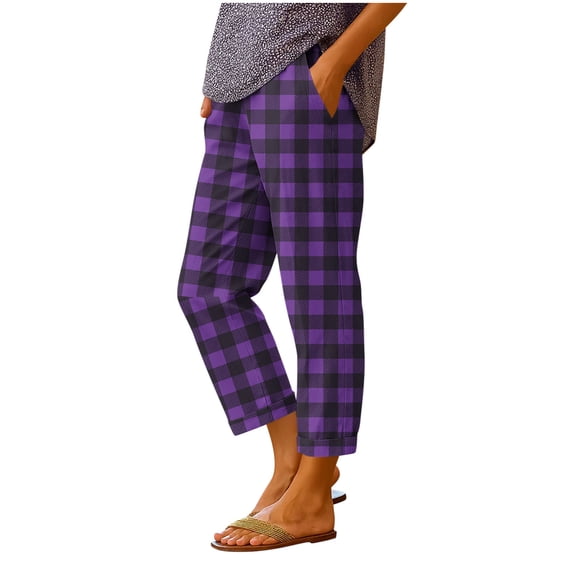 Maplenight Women's Plaid Capri Pants Casual Elastic Waist Cropped Pants with Pockets Relaxed Fit Summer Lounge Capris