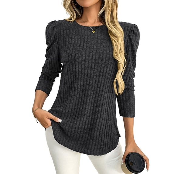 Maplenight Women's Puff Long Sleeve Shirts Dressy Casual Knit Blouses Crew Neck Elegant Tunic Tops Ladies Fall Clothes