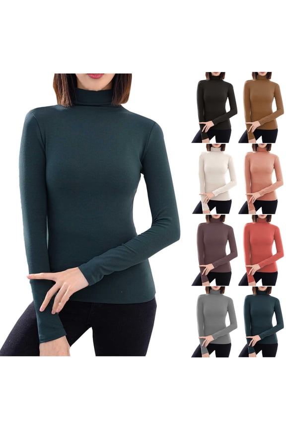 Women's Ribbed Turtleneck Fitted Long Sleeve Shirts Winter Basic Thermal Layering Tops