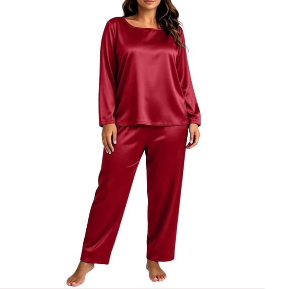 Maplenight Women's Satin Pajama Set Plus Size Lounge Set Crew Neck Long Sleeve Top & Long Pants 2 Piece Silk Sleepwear Loungewear