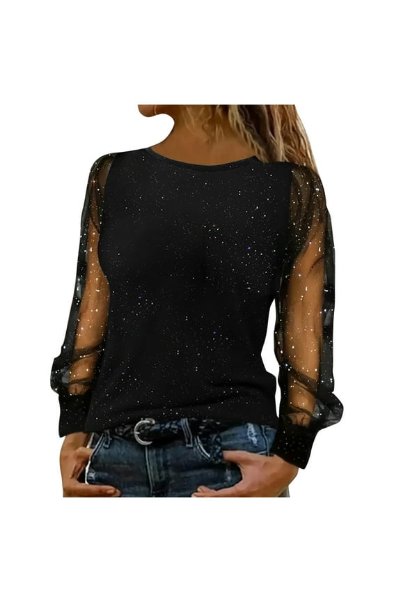 Women's Shiny Sequin Shirts Sheer Mesh Long Sleeve Tops Party Evening Bling Blouse Ladies Elegant Outfit