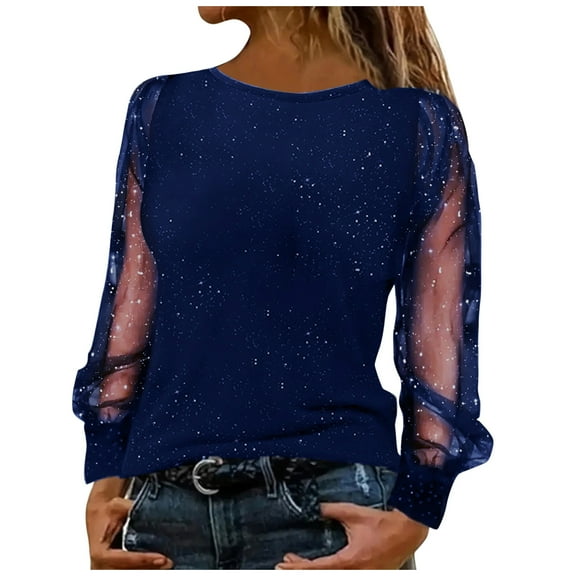 Maplenight Women's Shiny Sequin Shirts Sheer Mesh Long Sleeve Tops Party Evening Bling Blouse Ladies Elegant Outfit
