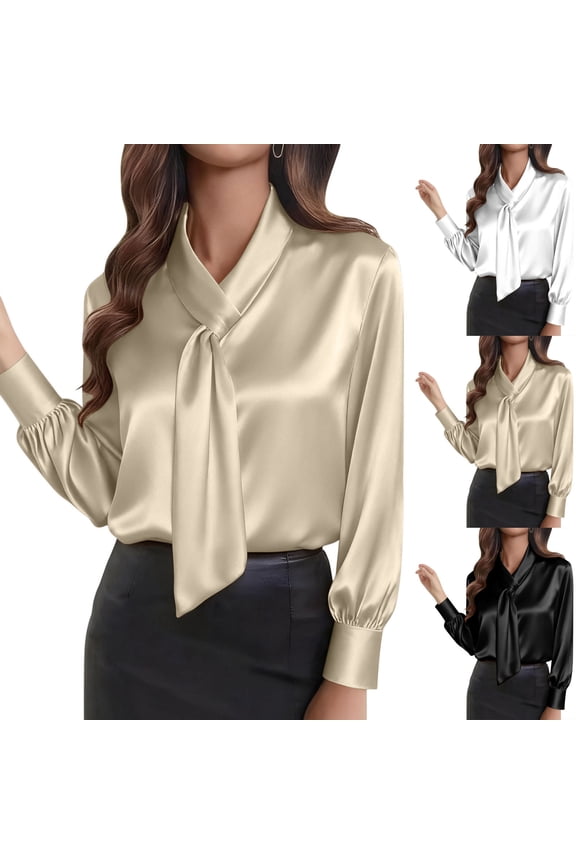 Women's Silk Satin Blouse Bow Tie Neck Long Sleeve Shirts Dressy Casual Business Tops