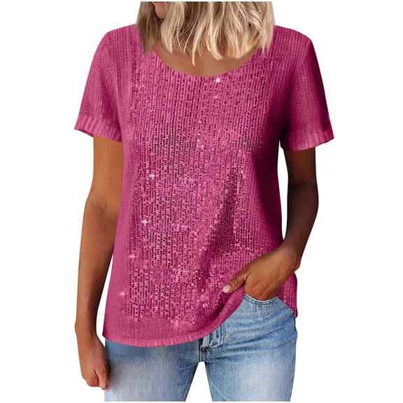 Maplenight Women's Sparkly Sequin Top Short Sleeve Glitter Concert Party Shirt Dressy Casual Evening Blouse