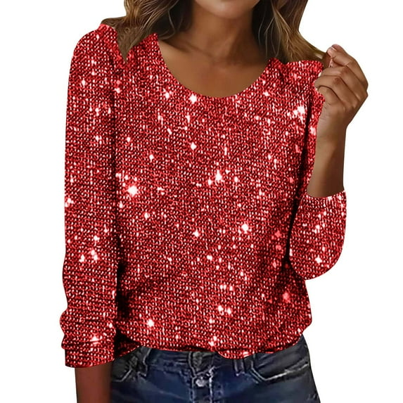 Maplenight Women's Sparkly Sequin Tops 3/4 Sleeve Glitter Dressy Blouses Crewneck Evening Party Tops