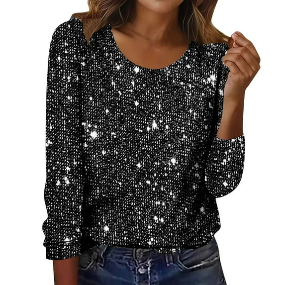 Maplenight Women's Sparkly Sequin Tops 3/4 Sleeve Glitter Dressy Blouses Crewneck Evening Party Tops