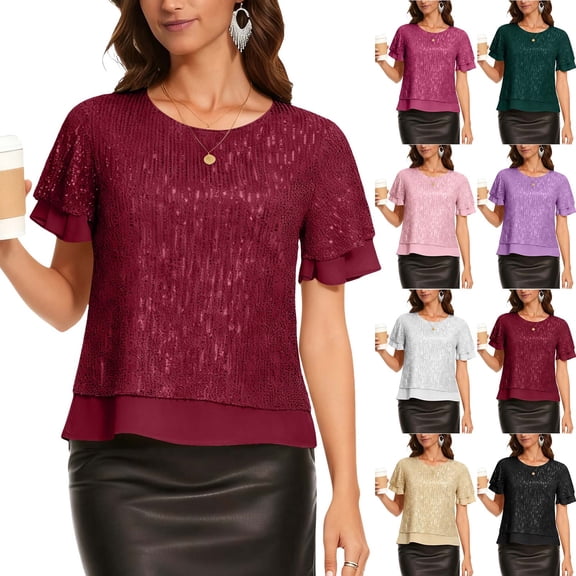 Maplenight Women's Sparkly Sequin Tops Short Sleeve Glitter Dressy Blouses Crew Neck Party Shirt