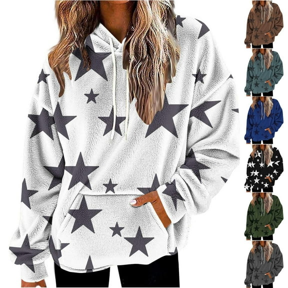 Maplenight Women's Star Graphic Hoodies Fleece Cute Oversized Sweatshirts Loose Fit Casual Fall Pullover Tops Clothes