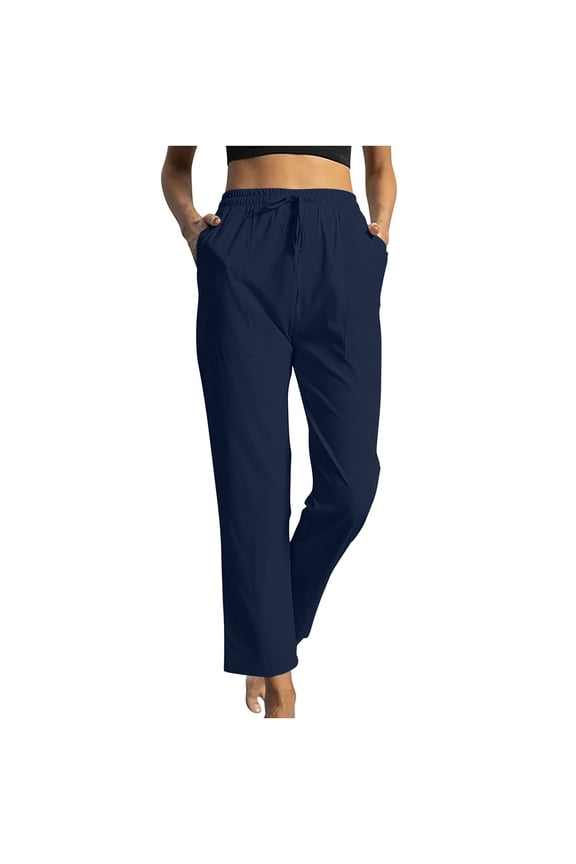 Women's Straight Leg Cotton Pants High Waisted Knot Stretchy Business Work Casual Trousers with Pockets