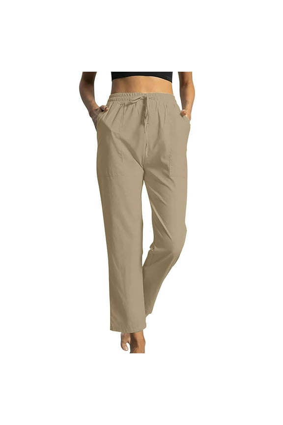 Women's Straight Leg Cotton Pants High Waisted Knot Stretchy Business Work Casual Trousers with Pockets