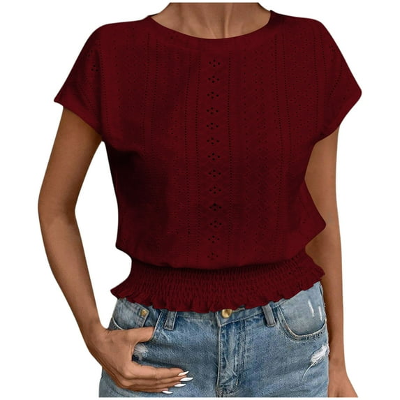 Maplenight Women's Summer Tops Fashion Eyelet Casual Loose Crew Neck Short Sleeve Shirts Elastic Waist Tops