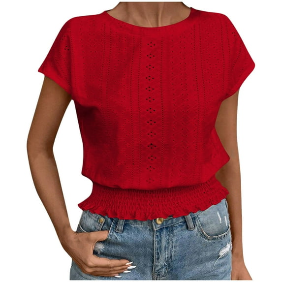 Maplenight Women's Summer Tops Fashion Eyelet Casual Loose Crew Neck Short Sleeve Shirts Elastic Waist Tops