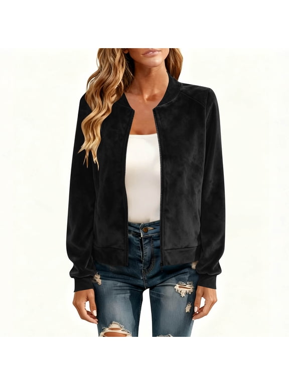 Women's Zip Up Bomber Jacket Stand Collar Lightweight Windbreaker Casual Loose Fall Jackets with Pockets