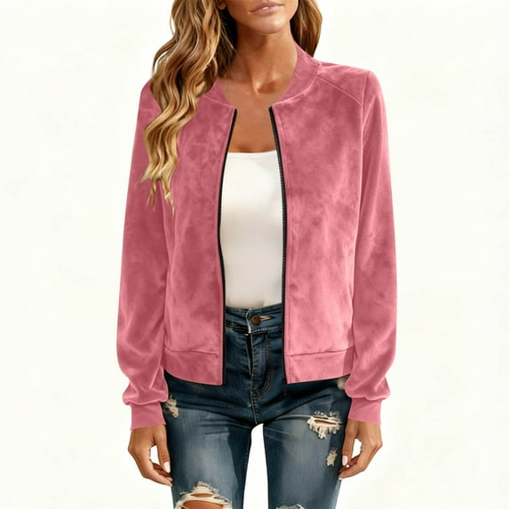 Maplenight Women's Zip Up Bomber Jacket Stand Collar Lightweight Windbreaker Casual Loose Fall Jackets with Pockets