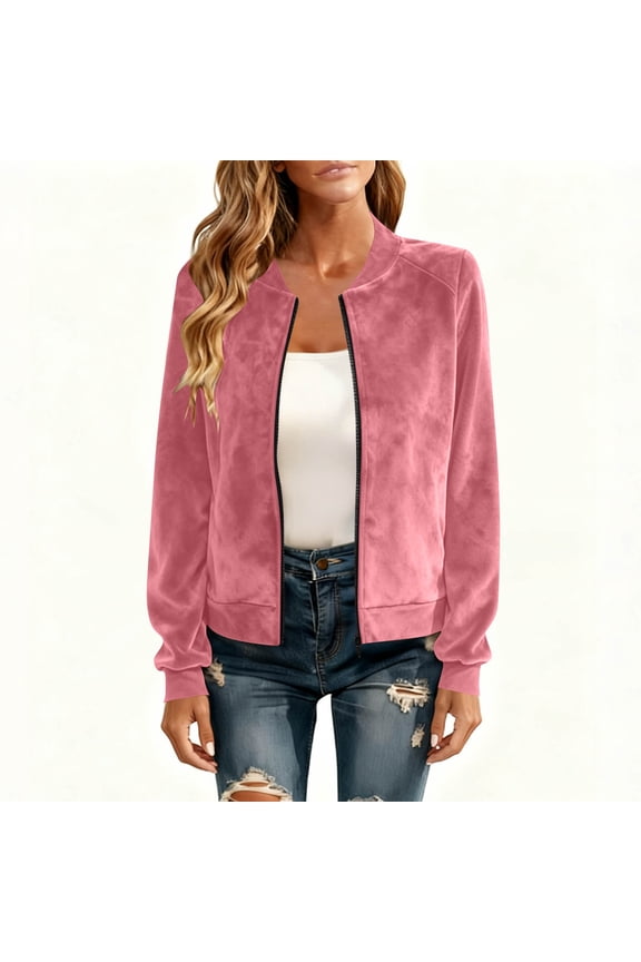 Women's Zip Up Bomber Jacket Stand Collar Lightweight Windbreaker Casual Loose Fall Jackets with Pockets