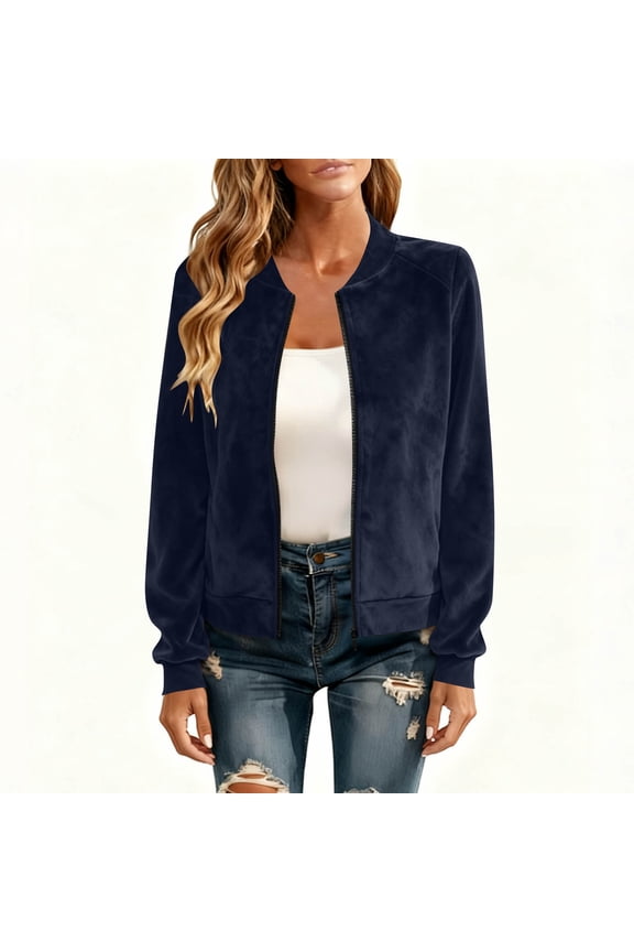 Women's Zip Up Bomber Jacket Stand Collar Lightweight Windbreaker Casual Loose Fall Jackets with Pockets