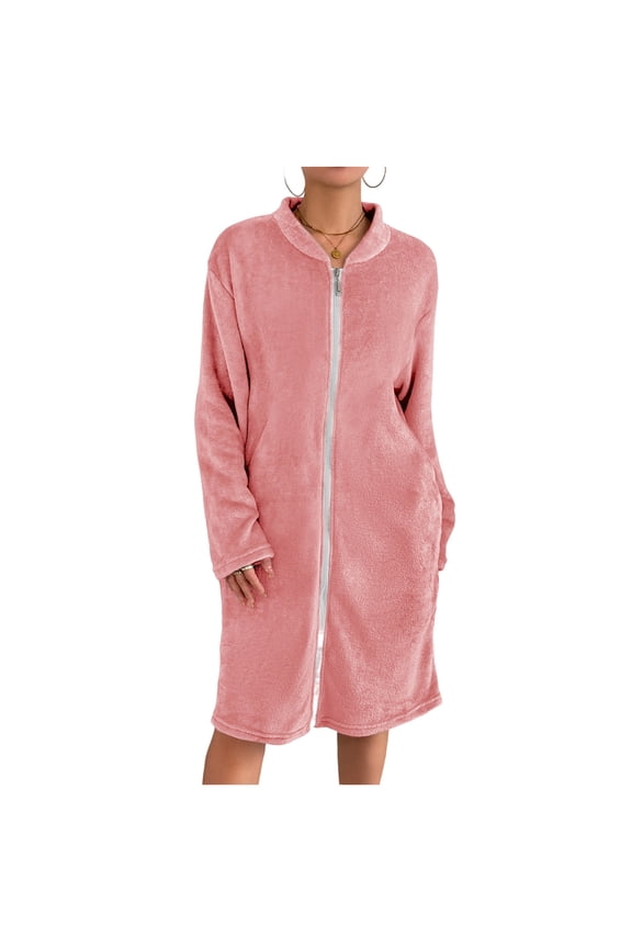 Women's Zipper Robe Fleece Long Sleeve Bathrobe Sleepwear Warm Soft Housecoat Zip Up House Dresses with Pockets