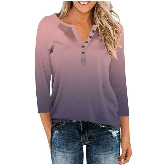 Maplenight Womens 3/4 Length Sleeve Tops Business Casual Henley Shirts Fall Fashion Gradient Color Loose Fit Three Quarter Length Sleeve Blouses