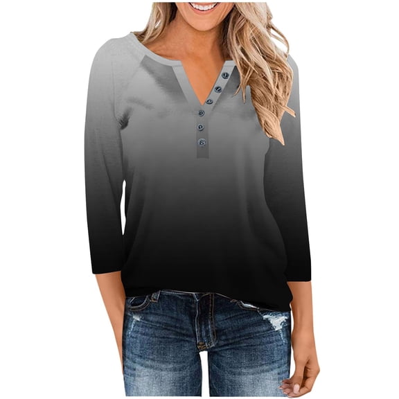 Maplenight Womens 3/4 Length Sleeve Tops Business Casual Henley Shirts Fall Fashion Gradient Color Loose Fit Three Quarter Length Sleeve Blouses