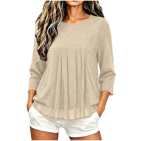 Maplenight Womens 3/4 Sleeve Shirts Crew Neck Pleated Sparkly Tops Relaxed Fit Lightweight Casual Evening Outfits Tops