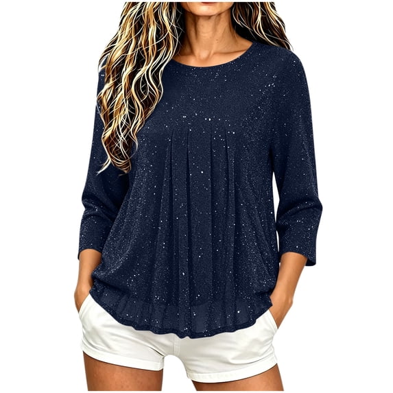 Maplenight Womens 3/4 Sleeve Shirts Crew Neck Pleated Sparkly Tops Relaxed Fit Lightweight Casual Evening Outfits Tops