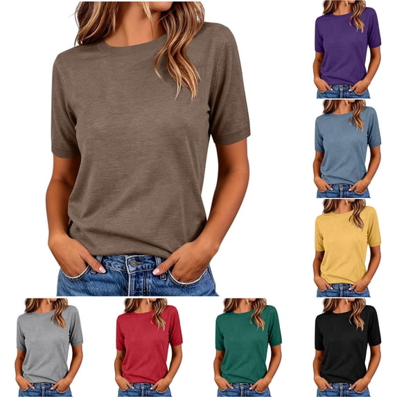 Maplenight Womens Basic Crew Neck T Shirts Knit Short Sleeve Tops Soft Casual Layering Everyday Office Work Summer Tops