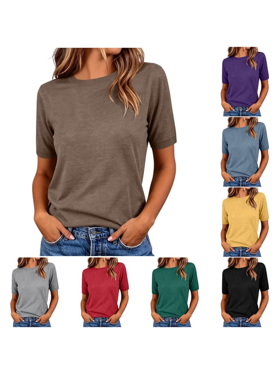 Womens Basic Crew Neck T Shirts Knit Short Sleeve Tops Soft Casual Layering Everyday Office Work Summer Tops