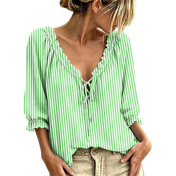 Maplenight Womens Boho Tops V Neck Striped Tie‑Front 3/4 Sleeve Blouses Casual Vacation Tops