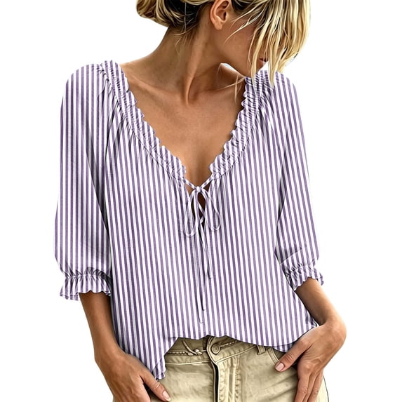Maplenight Womens Boho Tops V Neck Striped Tie‑Front 3/4 Sleeve Blouses Casual Vacation Tops
