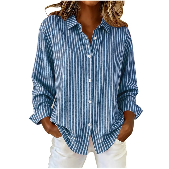 Maplenight Womens Button Down Shirts Striped Dress Shirt Long Sleeve Collared Office Work Blouses Fall Tops