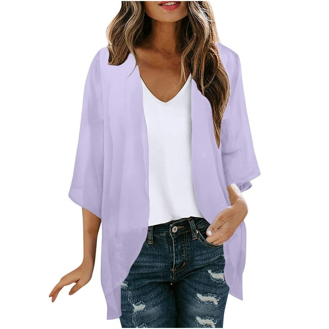 Maplenight Womens Cardigan Open Front Lightweight 3/4 Sleeve Solid Color Casual Loose Cardigan Sweaters Outwear S-XXL