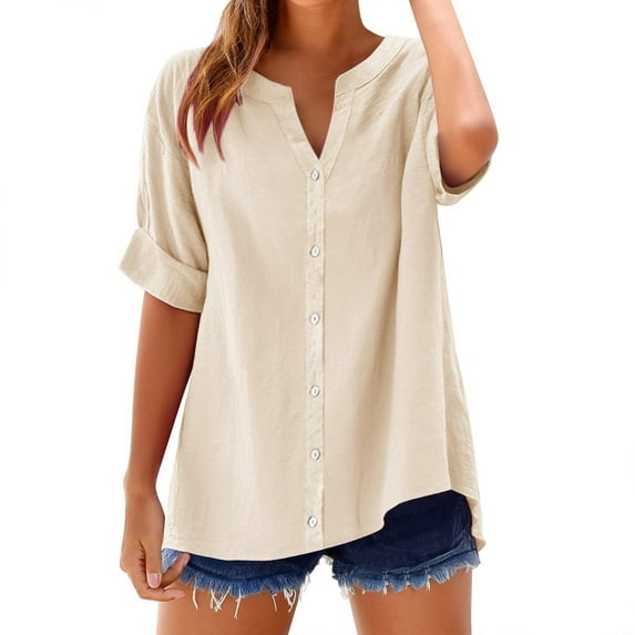 Maplenight Womens Casual Blouse Summer Short Sleeve V Neck Button Tops Loose Tee Shirts Blouse