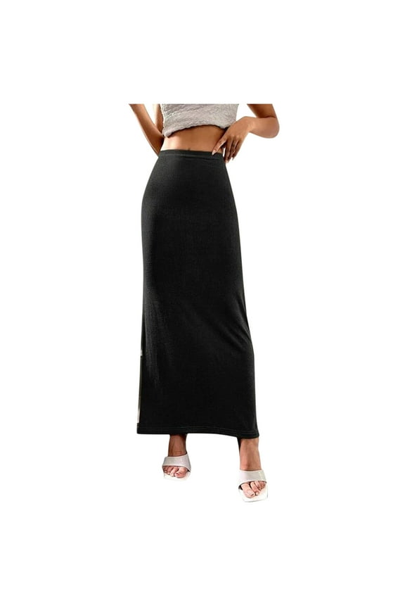 Womens Casual Solid Color Long Pencil Skirt Elastic HIgh Waist Ankle Lenth Skirt Work Officewear Skirts