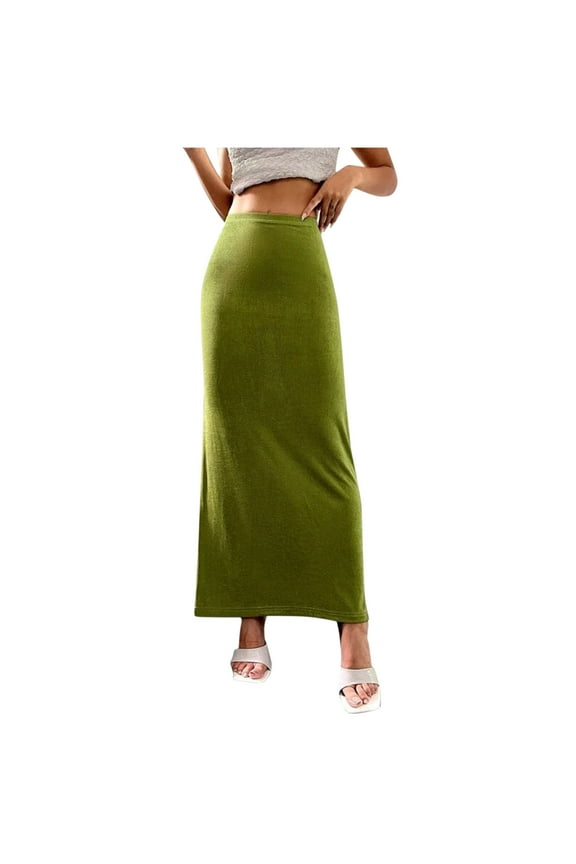 Womens Casual Solid Color Long Pencil Skirt Elastic HIgh Waist Ankle Lenth Skirt Work Officewear Skirts