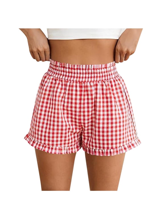 Womens Checkered Print High Waist Casual Shorts Pliad Athletic Shorts Loose Summer Shorts