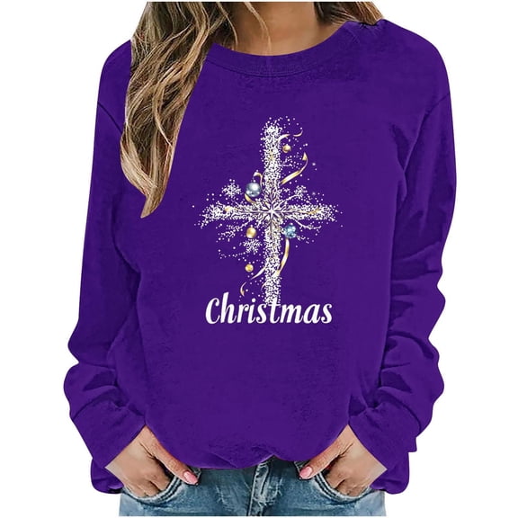 Maplenight Womens Christmas Sweatshirt Crew Neck Graphic Printed Pullover Sweatshirts Fall Winter Long Sleeve Casual Womens Tops