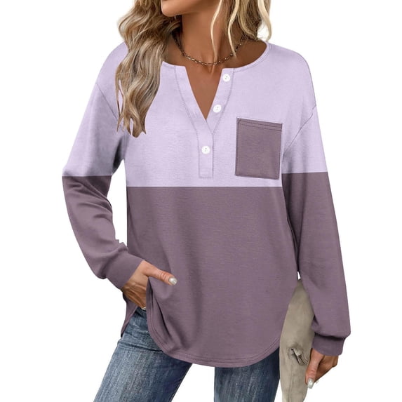 Maplenight Womens Collared Golf Shirts Long Sleeve V-Neck Button Down Shirts Color Block Business Casual Tops with Pocket