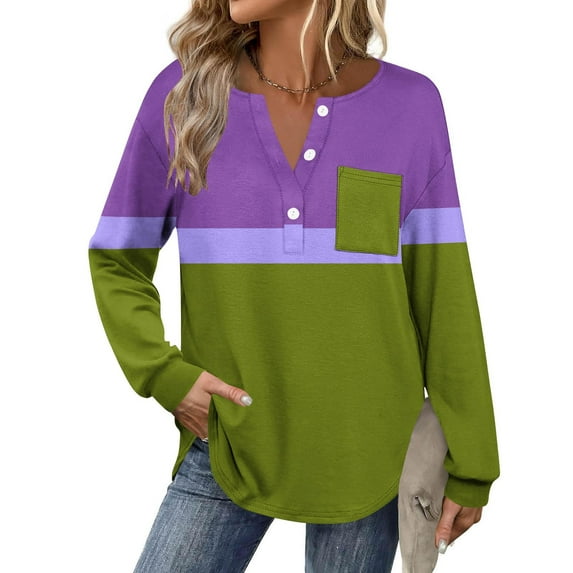 Maplenight Womens Collared Golf Shirts Long Sleeve V-Neck Button Down Shirts Color Block Business Casual Tops with Pocket