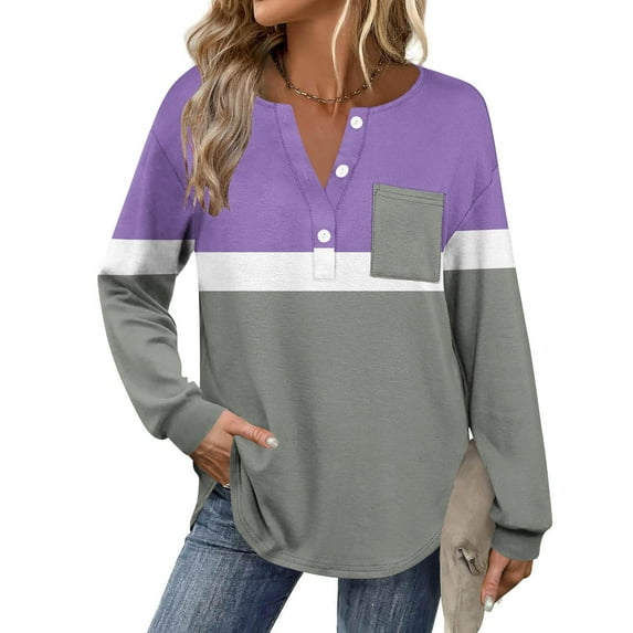 Maplenight Womens Collared Golf Shirts Long Sleeve V-Neck Button Down Shirts Color Block Business Casual Tops with Pocket