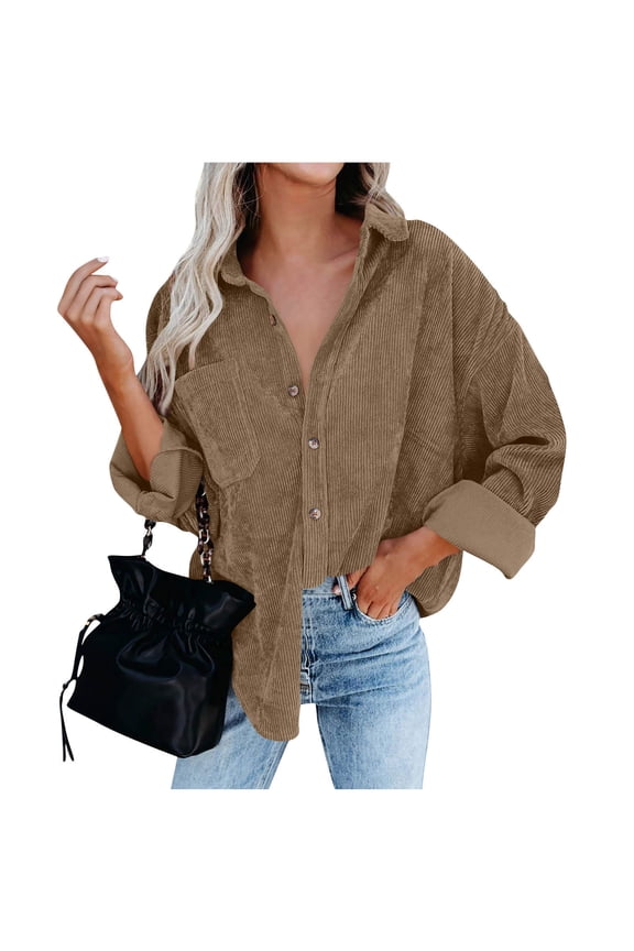 Womens Corduroy Shackets Jacket Long Sleeve Button Down Shirts Loose Casual Lapel Ladies Blouse