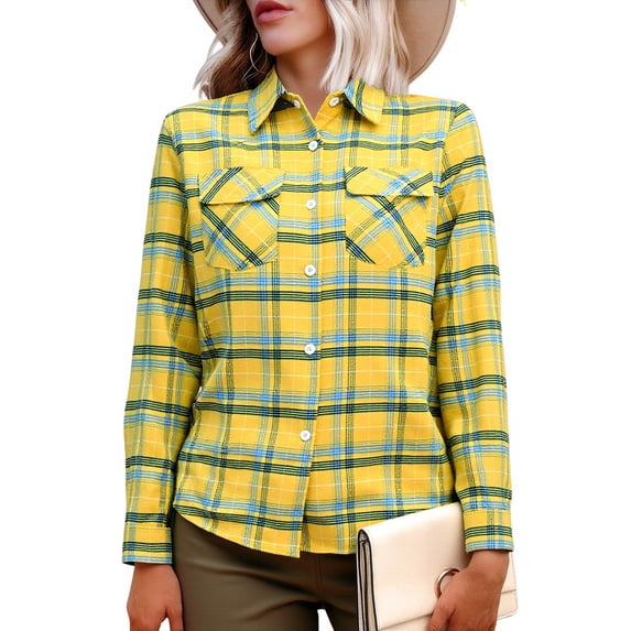 Maplenight Womens Cotton Plaid Shirts Collared Long Sleeve Button Down Shackets Fall Fashion Clothes Business Casual Tops with Pockets