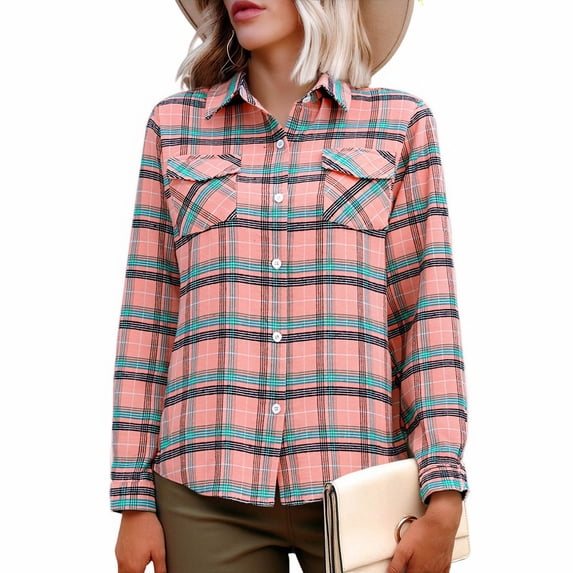 Maplenight Womens Cotton Plaid Shirts Collared Long Sleeve Button Down Shackets Fall Fashion Clothes Business Casual Tops with Pockets
