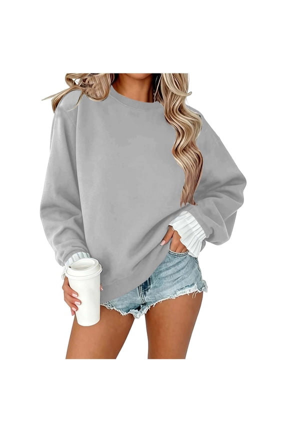 Womens Crew Neck Sweatshirt Ruffle Cuff Long Sleeve Tops Regular Fit Casual Pullover Sweatshirts